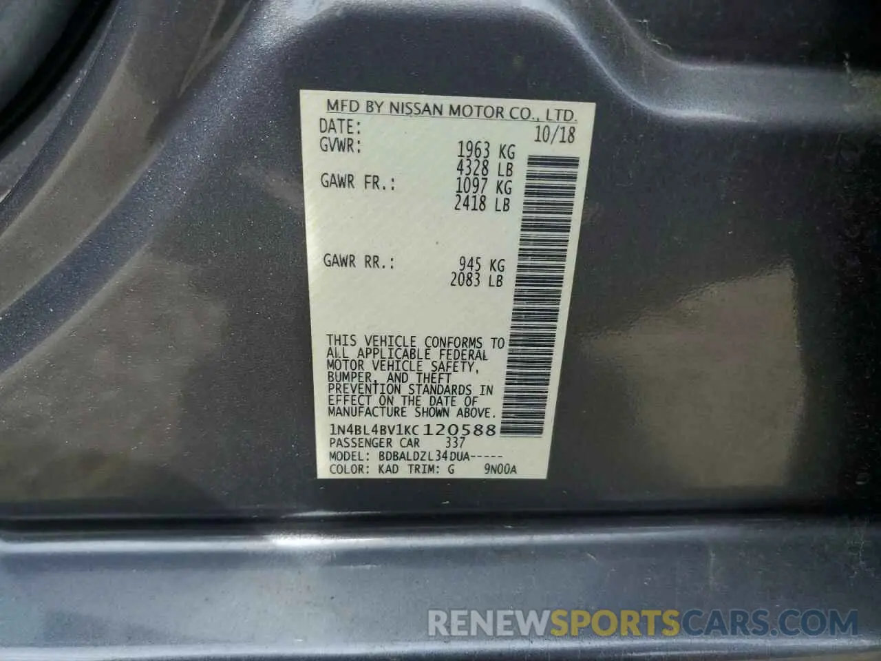 13 fotografías del automóvil dañado 1N4BL4BV1KC120588 NISSAN ALTIMA 2019