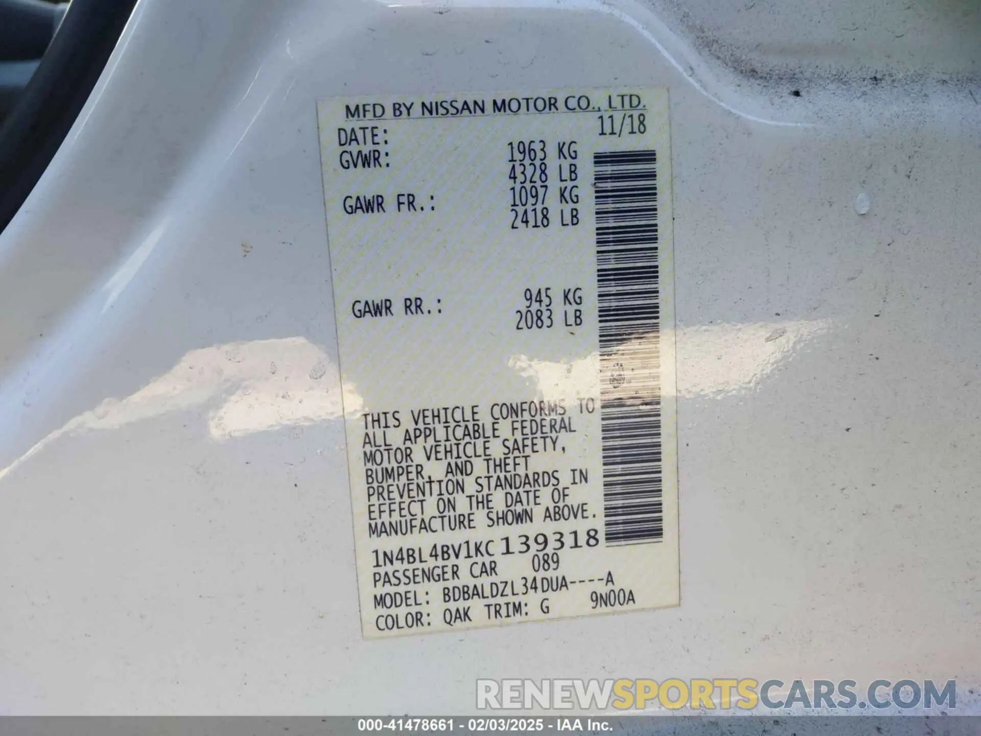 9 fotografías del automóvil dañado 1N4BL4BV1KC139318 NISSAN ALTIMA 2019