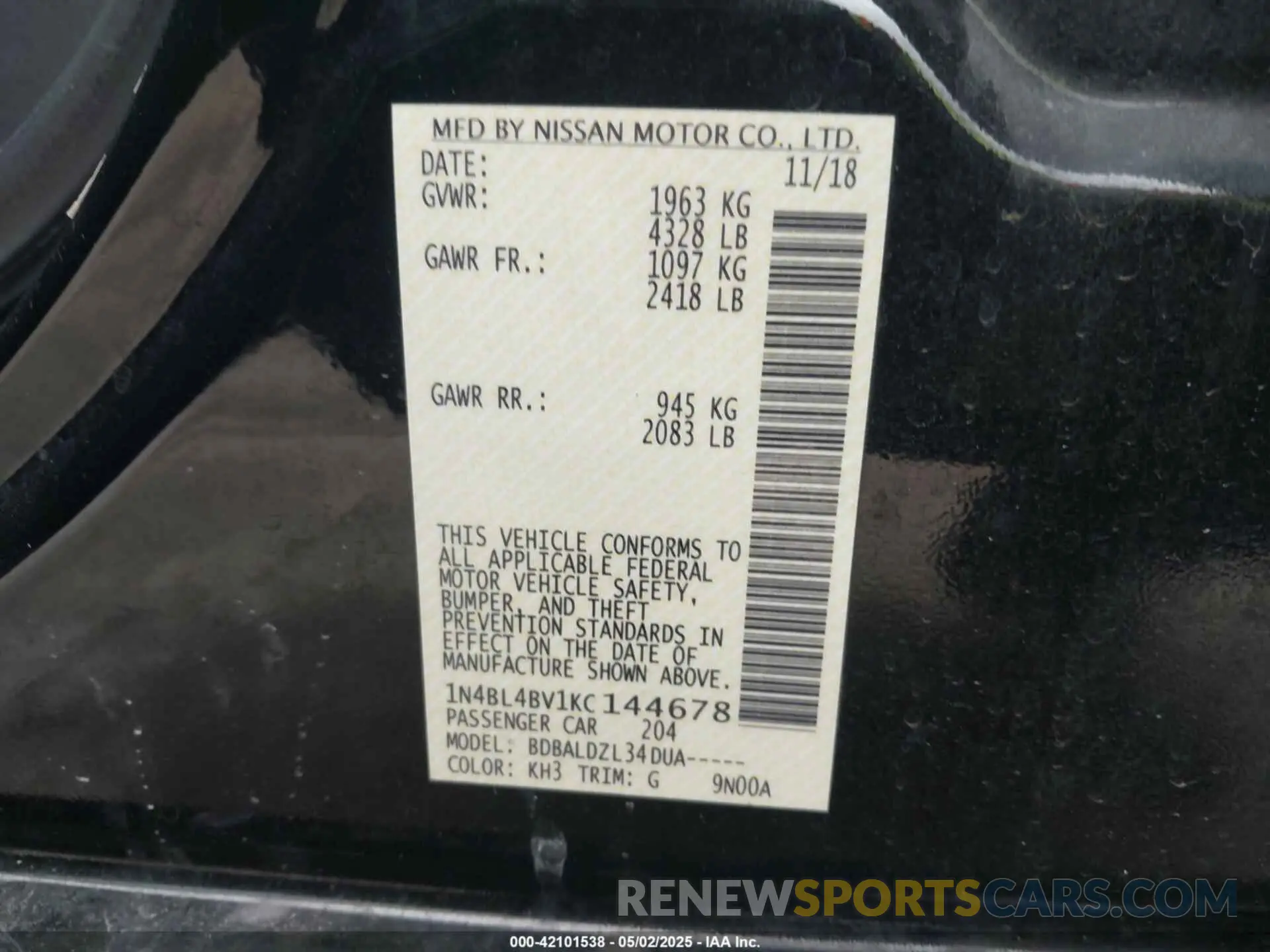 9 fotografías del automóvil dañado 1N4BL4BV1KC144678 NISSAN ALTIMA 2019