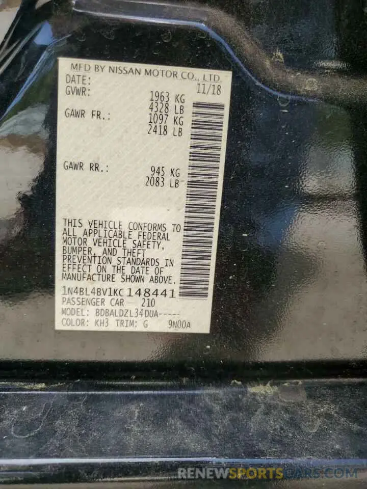 12 fotografías del automóvil dañado 1N4BL4BV1KC148441 NISSAN ALTIMA 2019