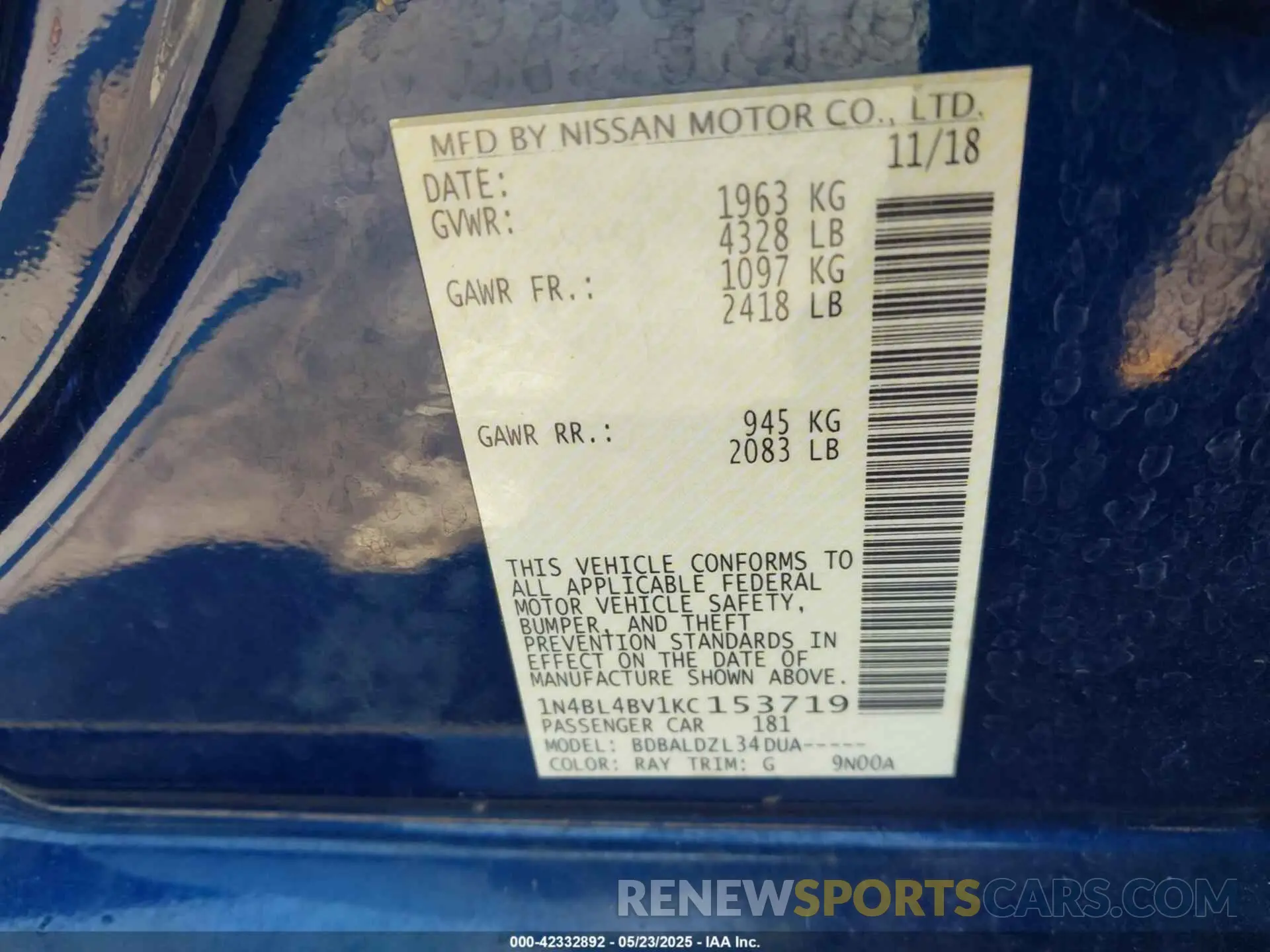 9 fotografías del automóvil dañado 1N4BL4BV1KC153719 NISSAN ALTIMA 2019