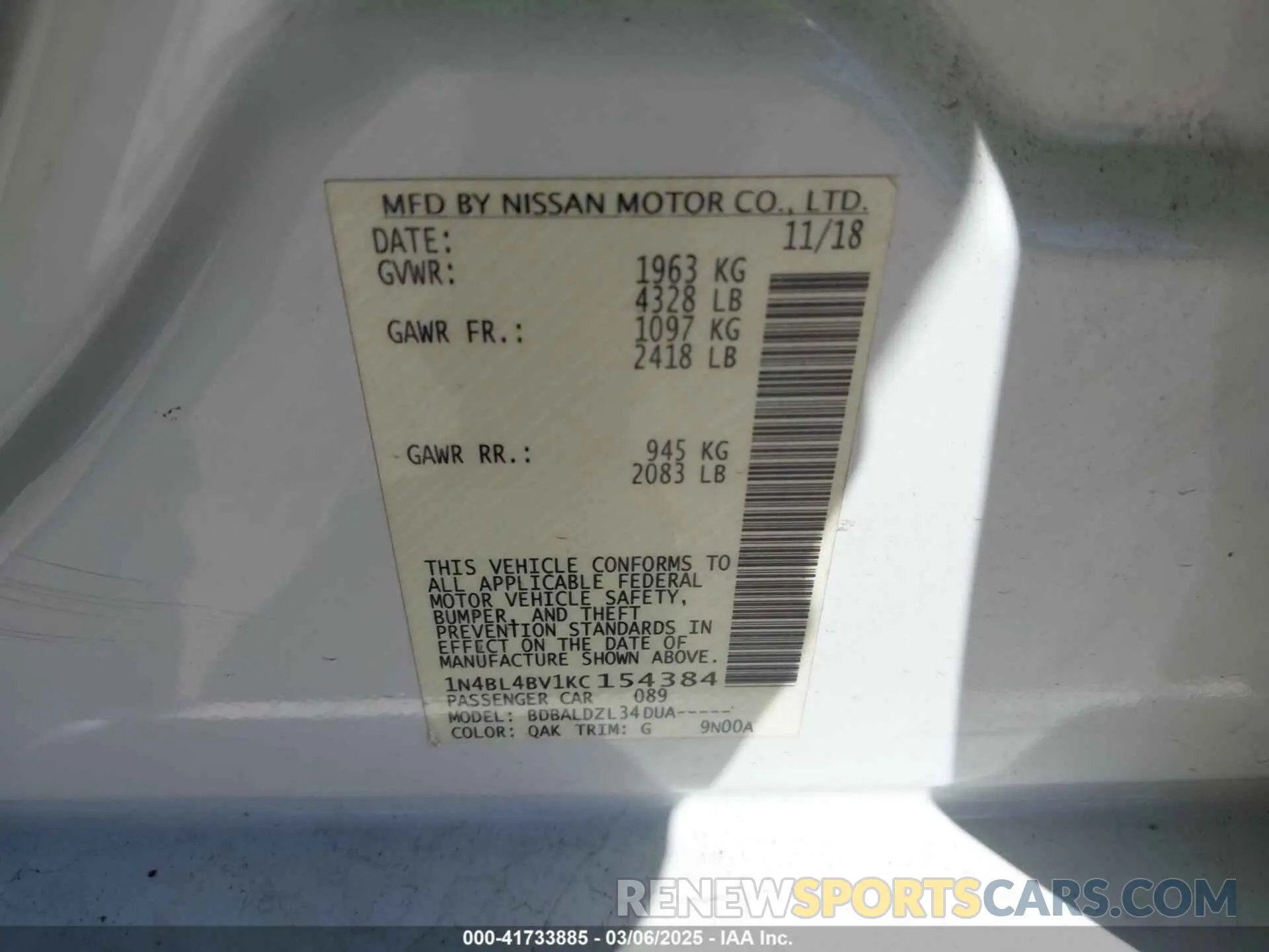 9 fotografías del automóvil dañado 1N4BL4BV1KC154384 NISSAN ALTIMA 2019