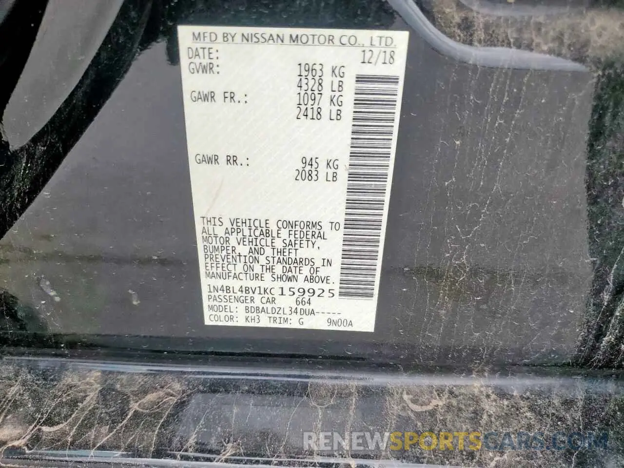 12 fotografías del automóvil dañado 1N4BL4BV1KC159925 NISSAN ALTIMA 2019