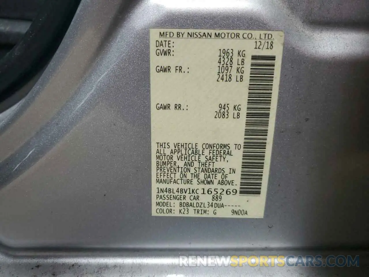 13 fotografías del automóvil dañado 1N4BL4BV1KC165269 NISSAN ALTIMA 2019