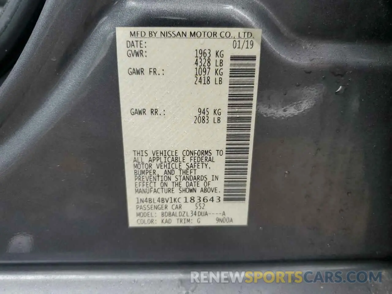 12 fotografías del automóvil dañado 1N4BL4BV1KC183643 NISSAN ALTIMA 2019