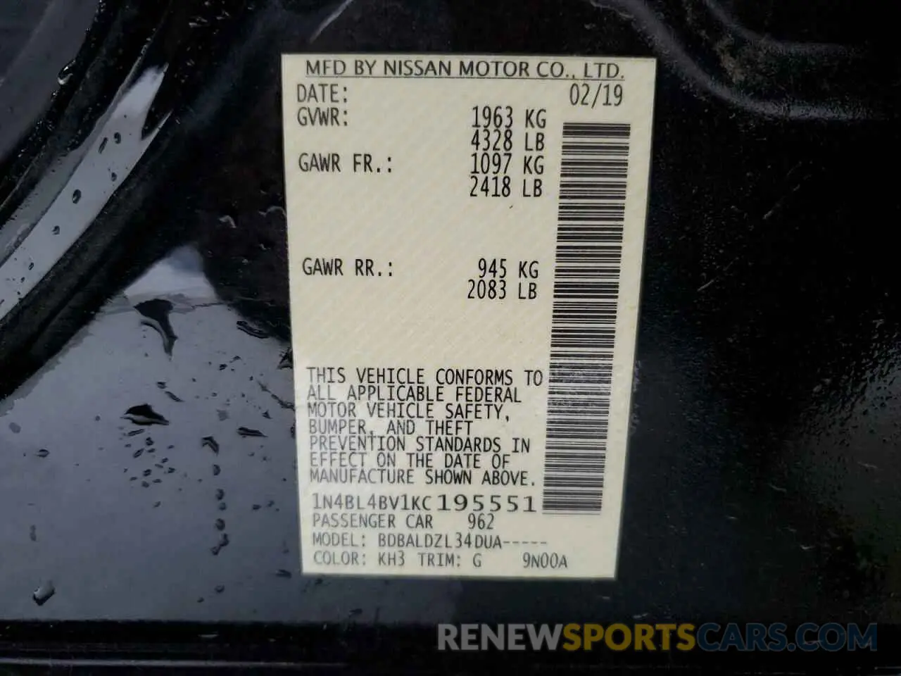 12 fotografías del automóvil dañado 1N4BL4BV1KC195551 NISSAN ALTIMA 2019