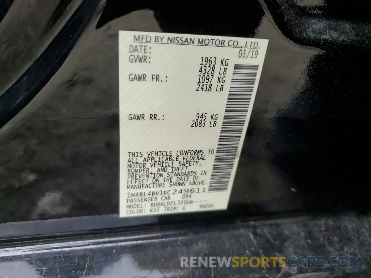 12 fotografías del automóvil dañado 1N4BL4BV1KC249611 NISSAN ALTIMA 2019