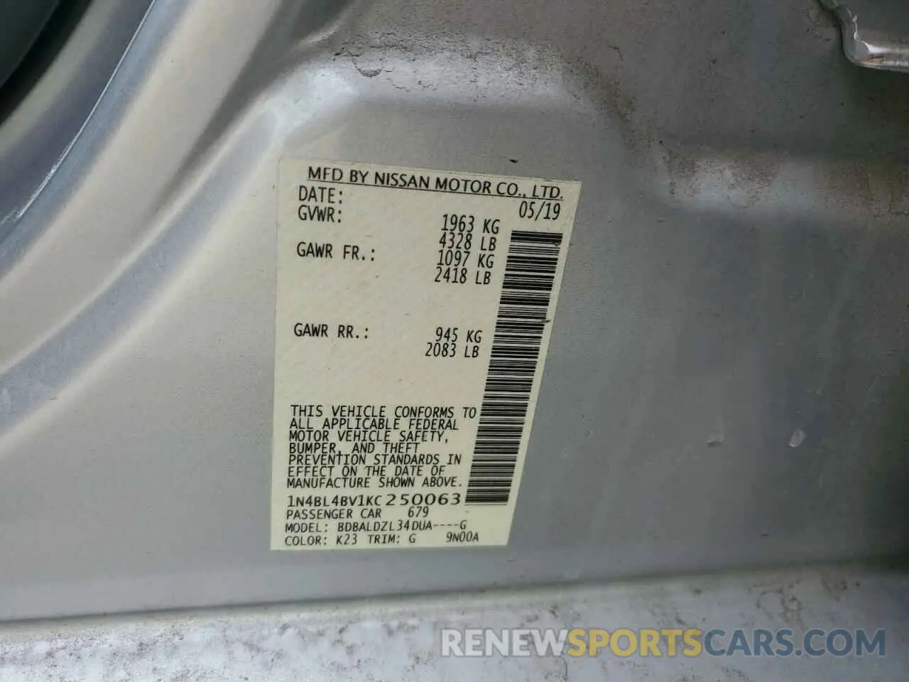12 fotografías del automóvil dañado 1N4BL4BV1KC250063 NISSAN ALTIMA 2019