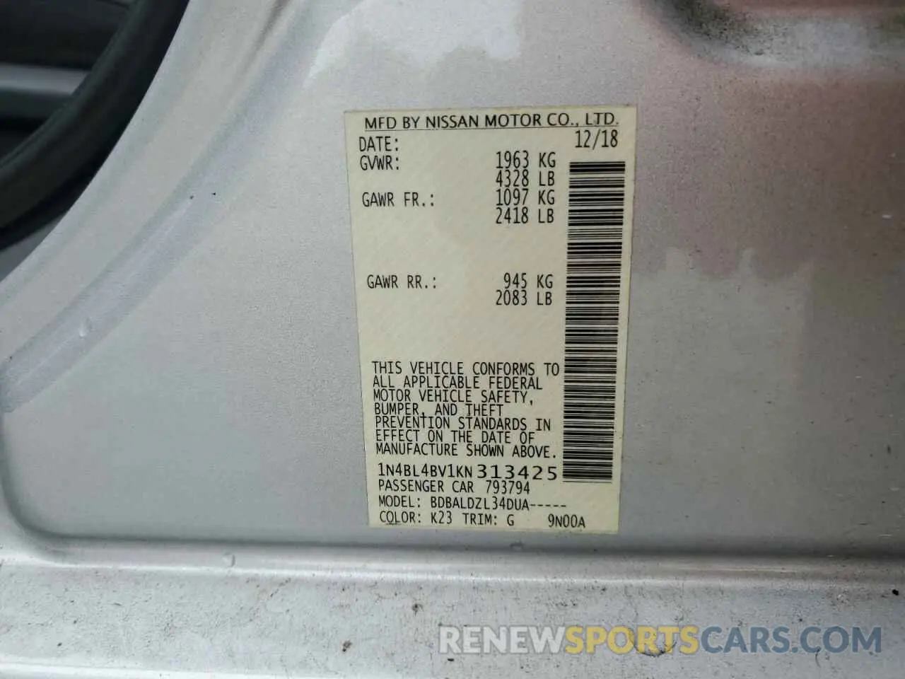 12 fotografías del automóvil dañado 1N4BL4BV1KN313425 NISSAN ALTIMA 2019