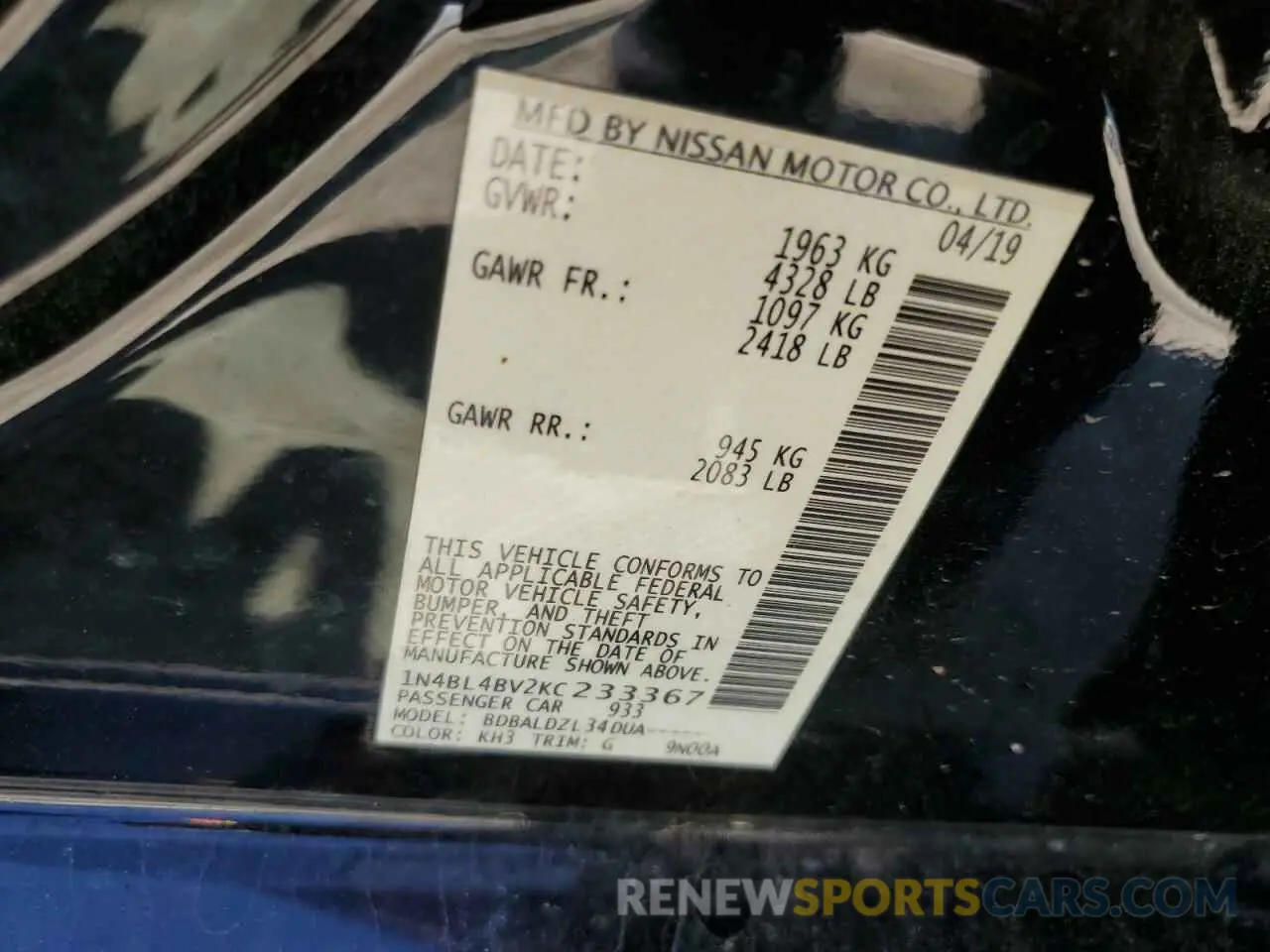 12 fotografías del automóvil dañado 1N4BL4BV2KC233367 NISSAN ALTIMA 2019