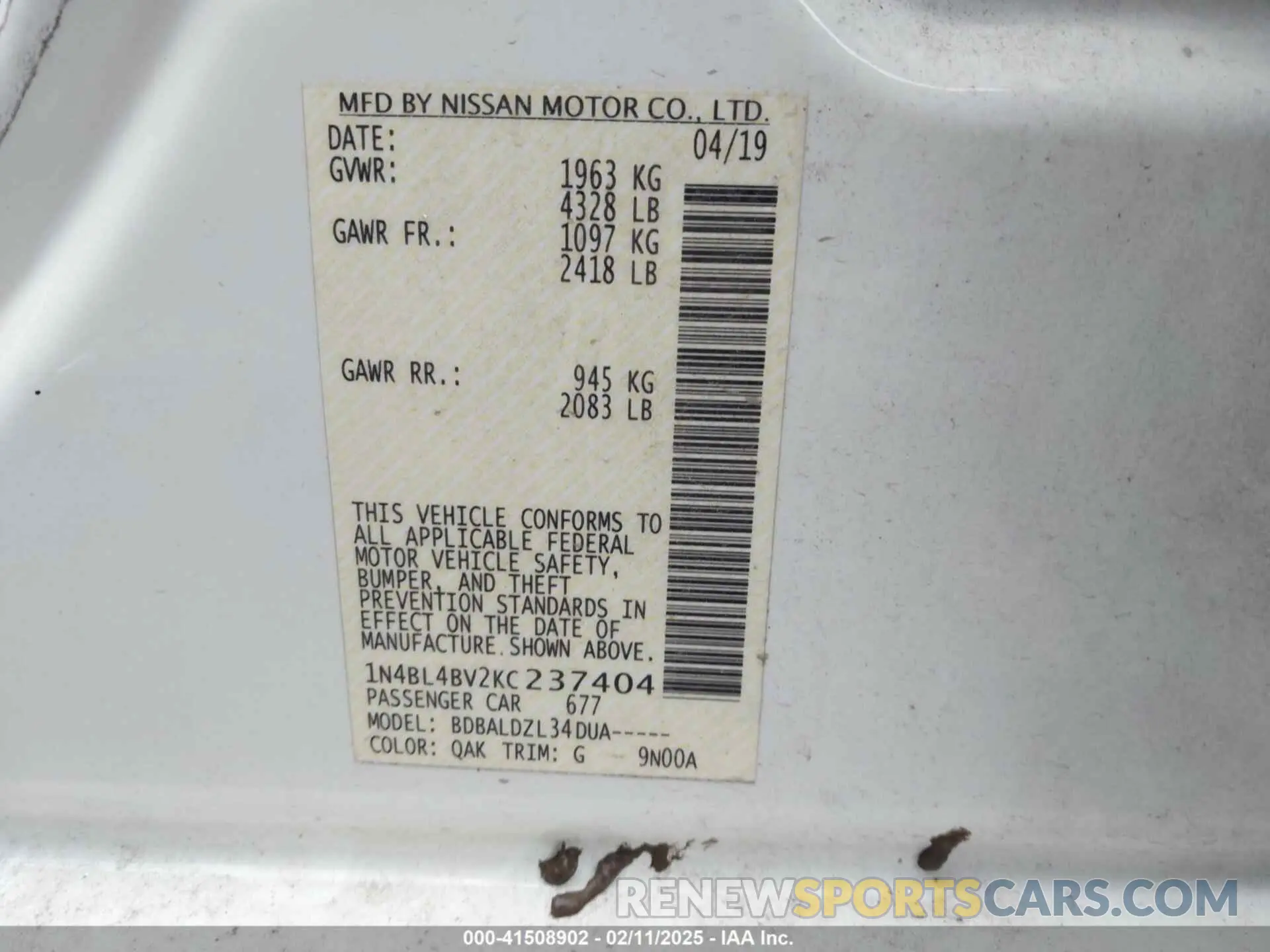 9 fotografías del automóvil dañado 1N4BL4BV2KC237404 NISSAN ALTIMA 2019