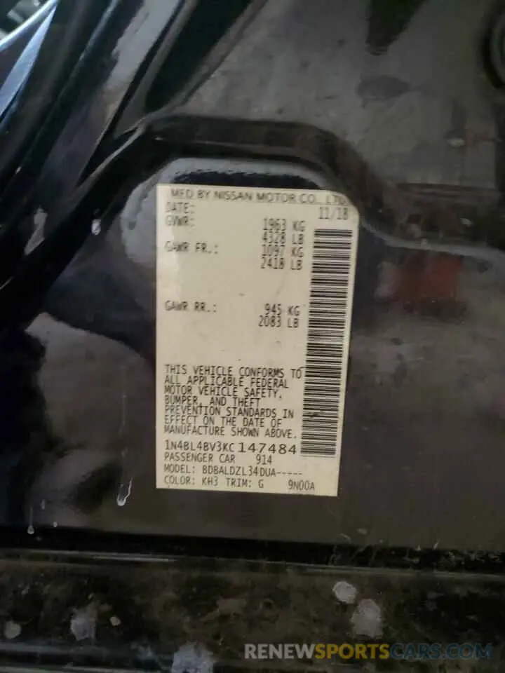 12 fotografías del automóvil dañado 1N4BL4BV3KC147484 NISSAN ALTIMA 2019