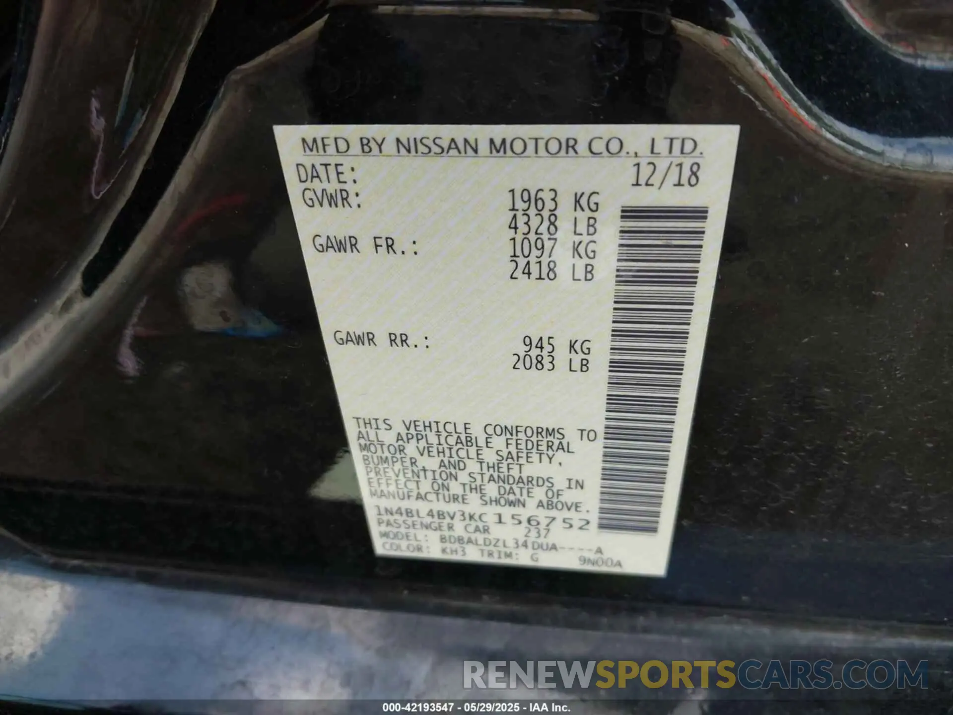 9 fotografías del automóvil dañado 1N4BL4BV3KC156752 NISSAN ALTIMA 2019