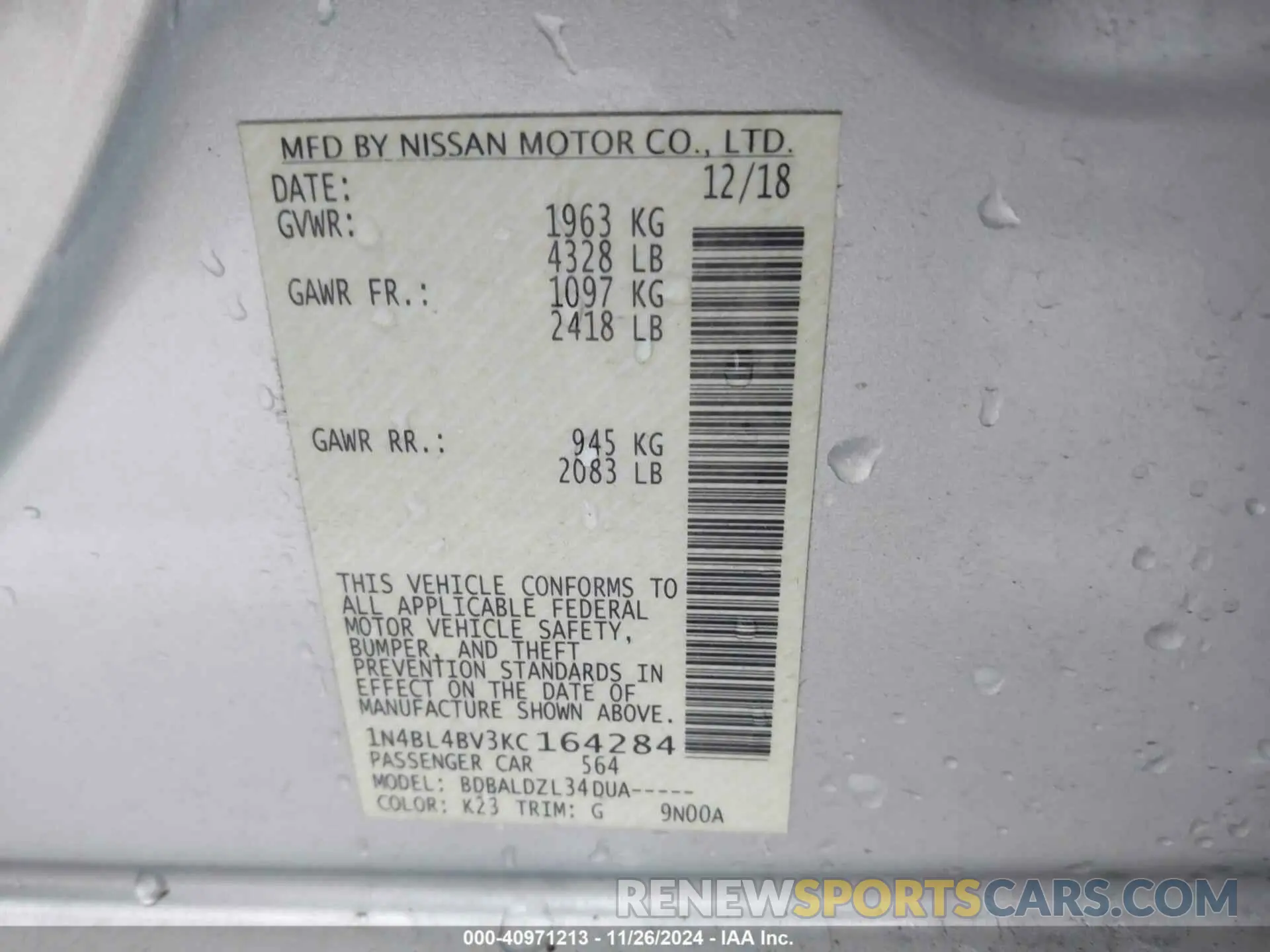 9 fotografías del automóvil dañado 1N4BL4BV3KC164284 NISSAN ALTIMA 2019