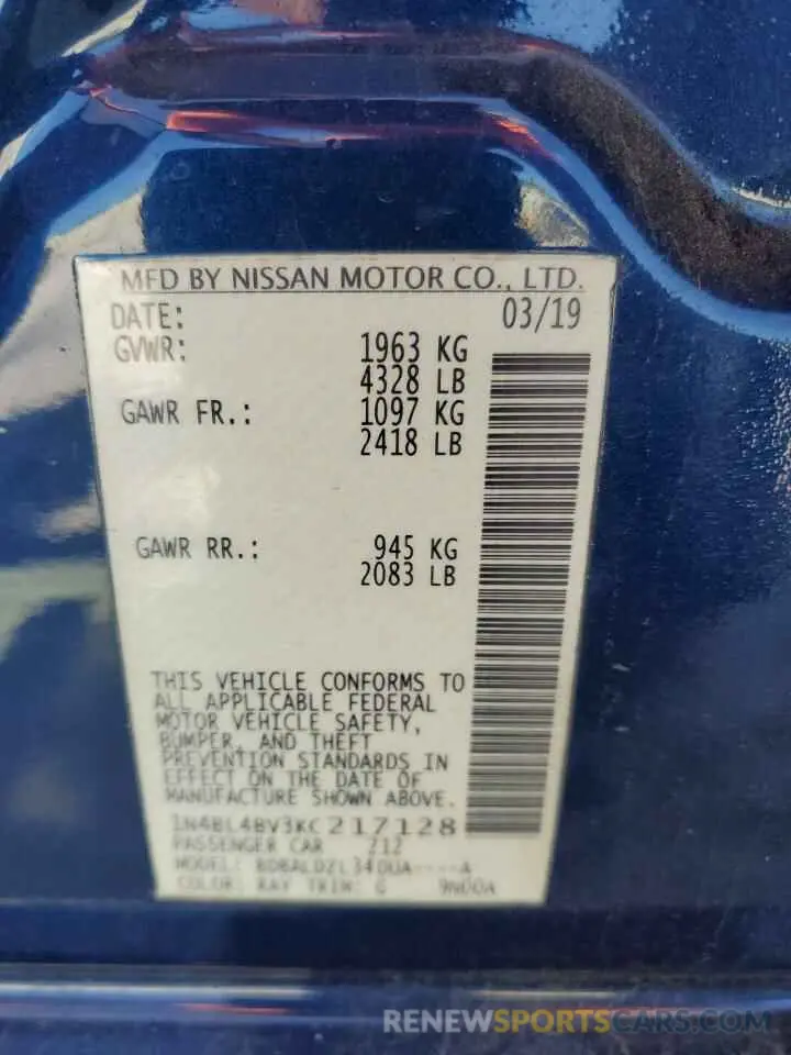 12 fotografías del automóvil dañado 1N4BL4BV3KC217128 NISSAN ALTIMA 2019