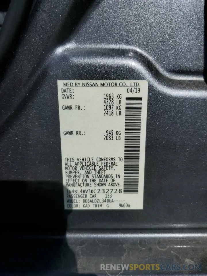 12 fotografías del automóvil dañado 1N4BL4BV3KC232728 NISSAN ALTIMA 2019
