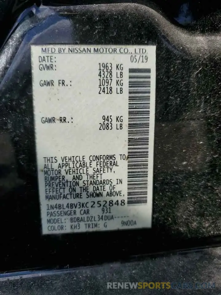 13 fotografías del automóvil dañado 1N4BL4BV3KC252848 NISSAN ALTIMA 2019