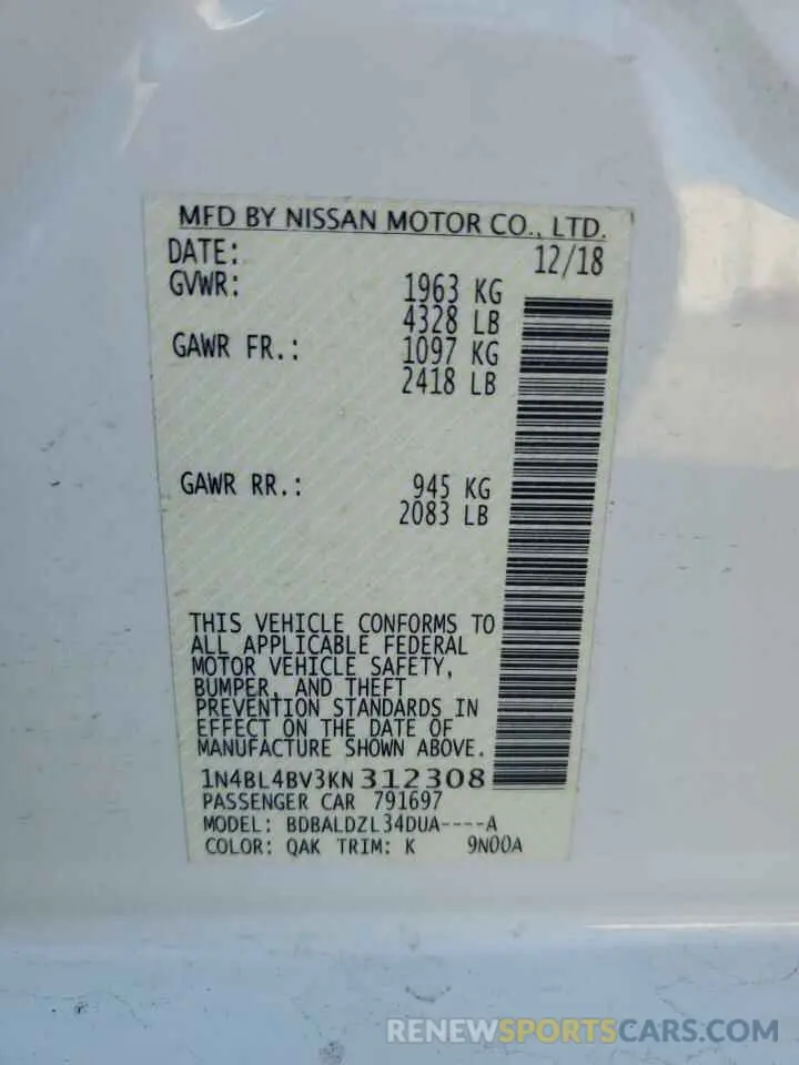 15 fotografías del automóvil dañado 1N4BL4BV3KN312308 NISSAN ALTIMA 2019