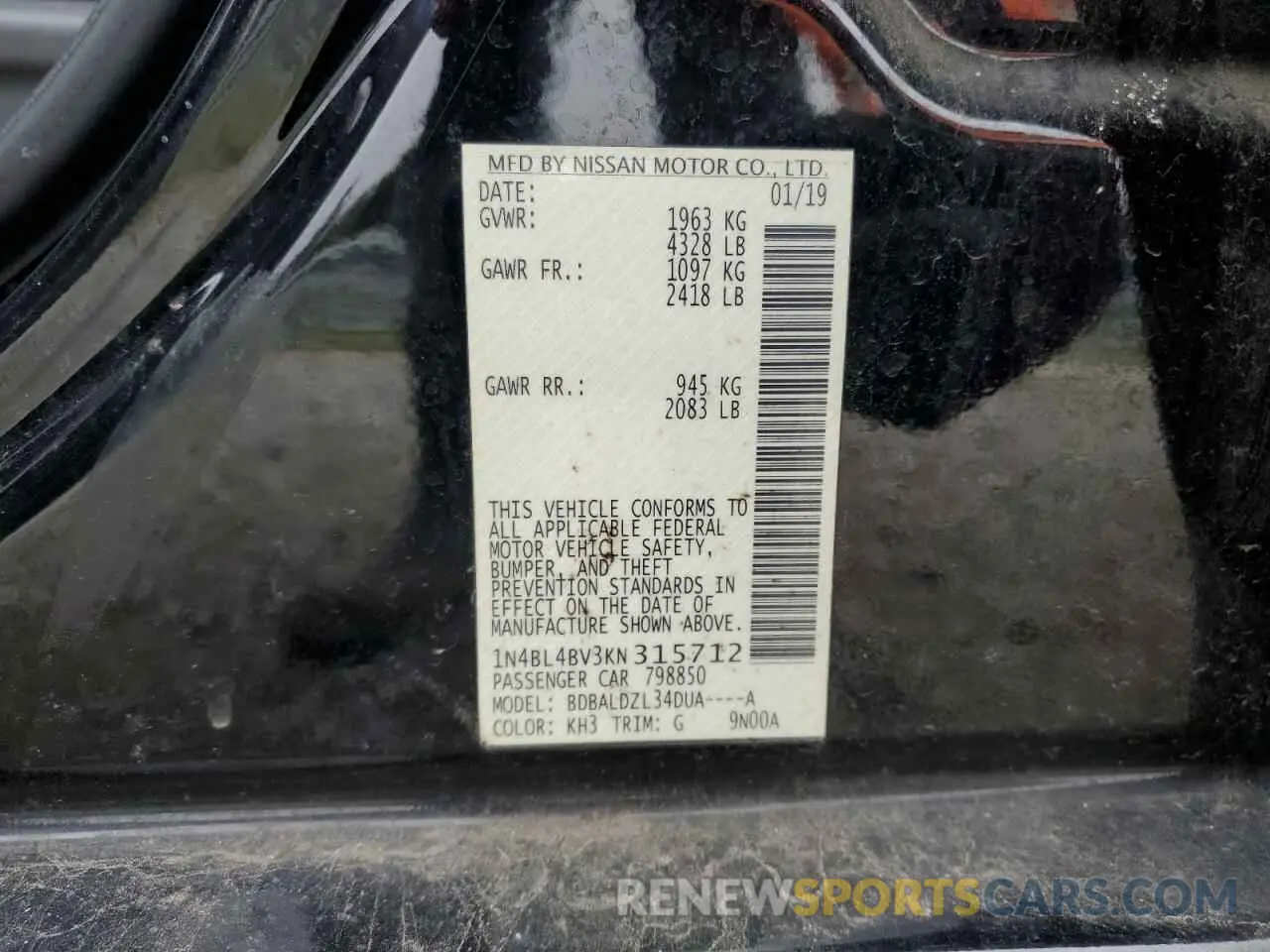 12 fotografías del automóvil dañado 1N4BL4BV3KN315712 NISSAN ALTIMA 2019