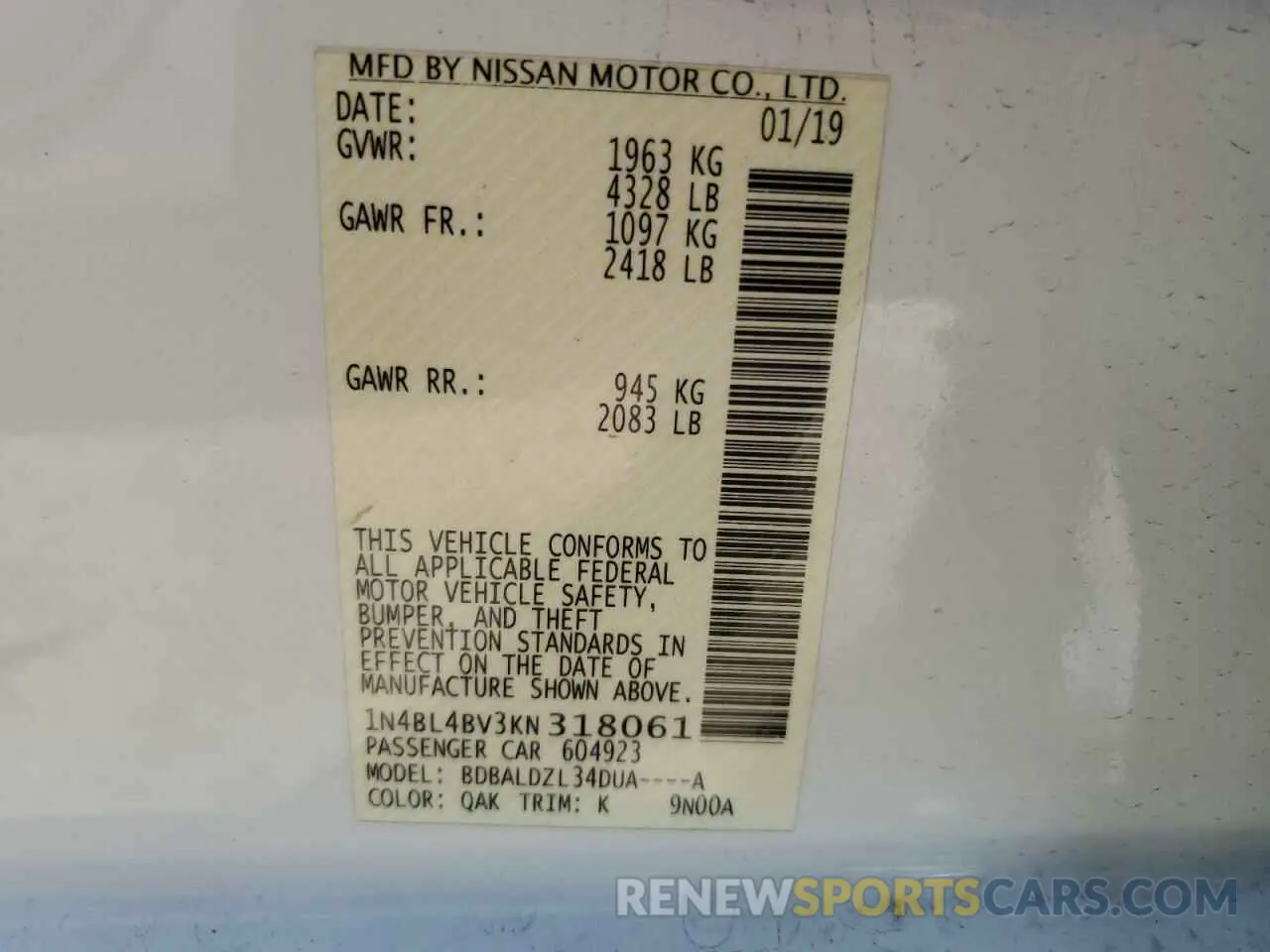 12 fotografías del automóvil dañado 1N4BL4BV3KN318061 NISSAN ALTIMA 2019