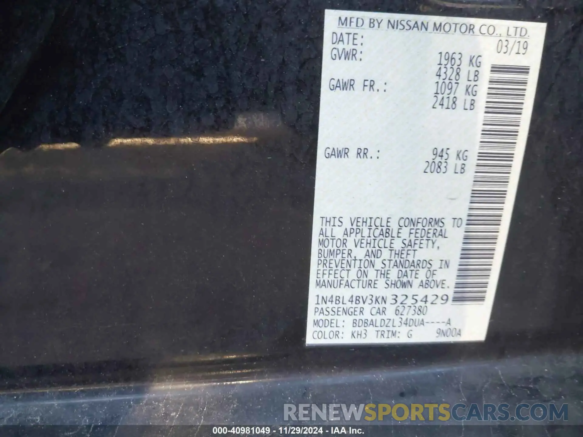 9 fotografías del automóvil dañado 1N4BL4BV3KN325429 NISSAN ALTIMA 2019