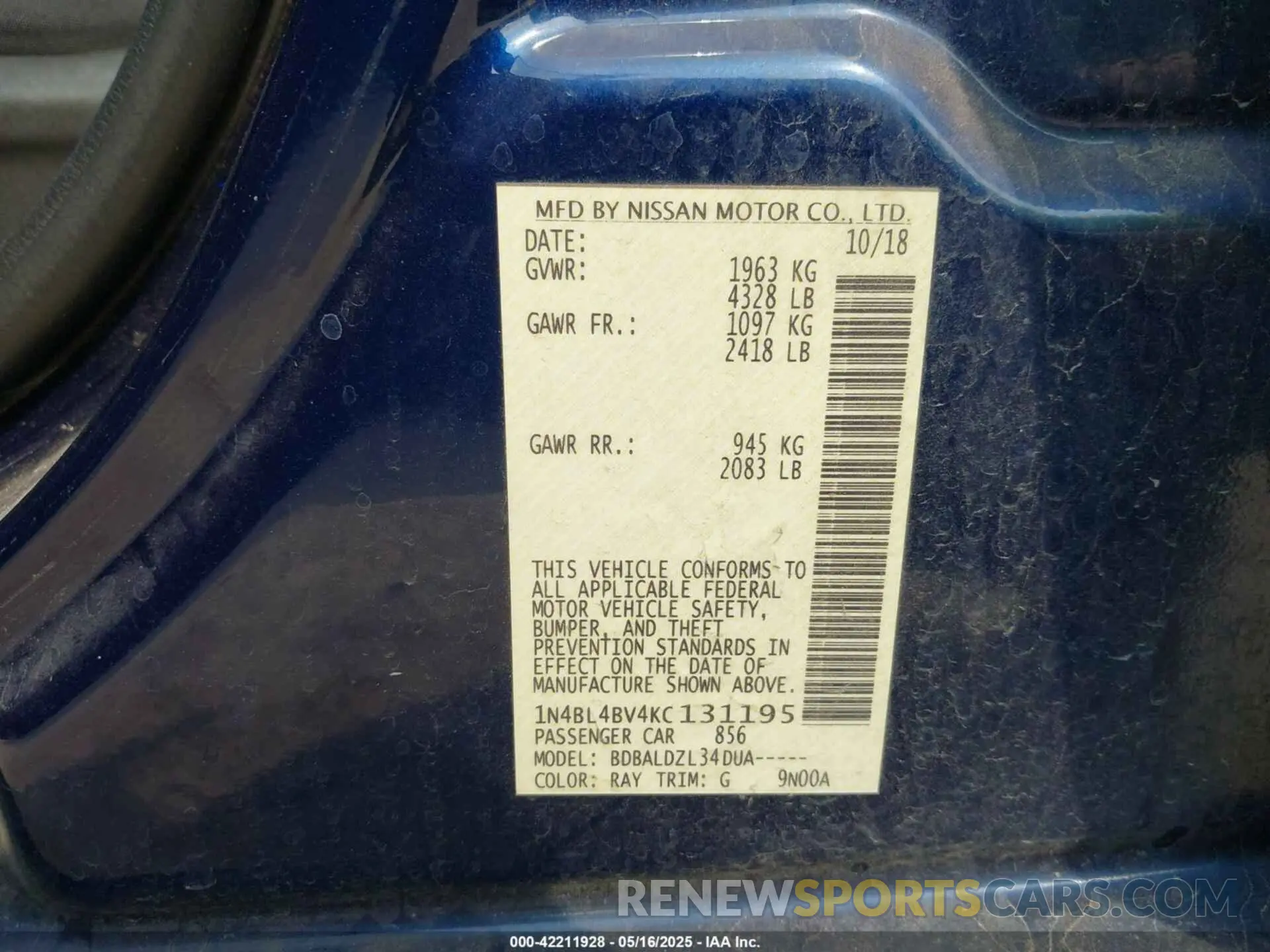 9 fotografías del automóvil dañado 1N4BL4BV4KC131195 NISSAN ALTIMA 2019