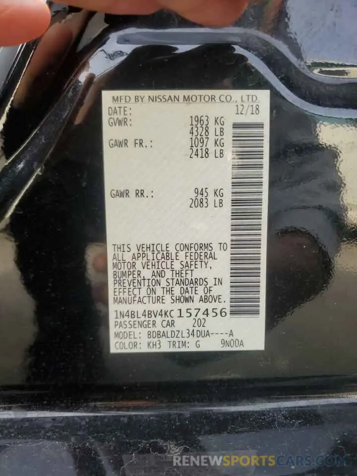12 fotografías del automóvil dañado 1N4BL4BV4KC157456 NISSAN ALTIMA 2019