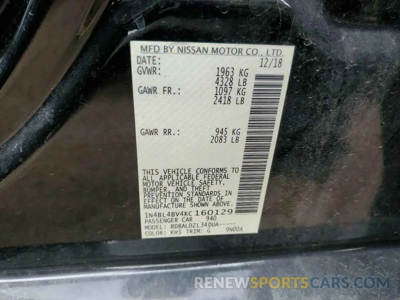 12 fotografías del automóvil dañado 1N4BL4BV4KC160129 NISSAN ALTIMA 2019