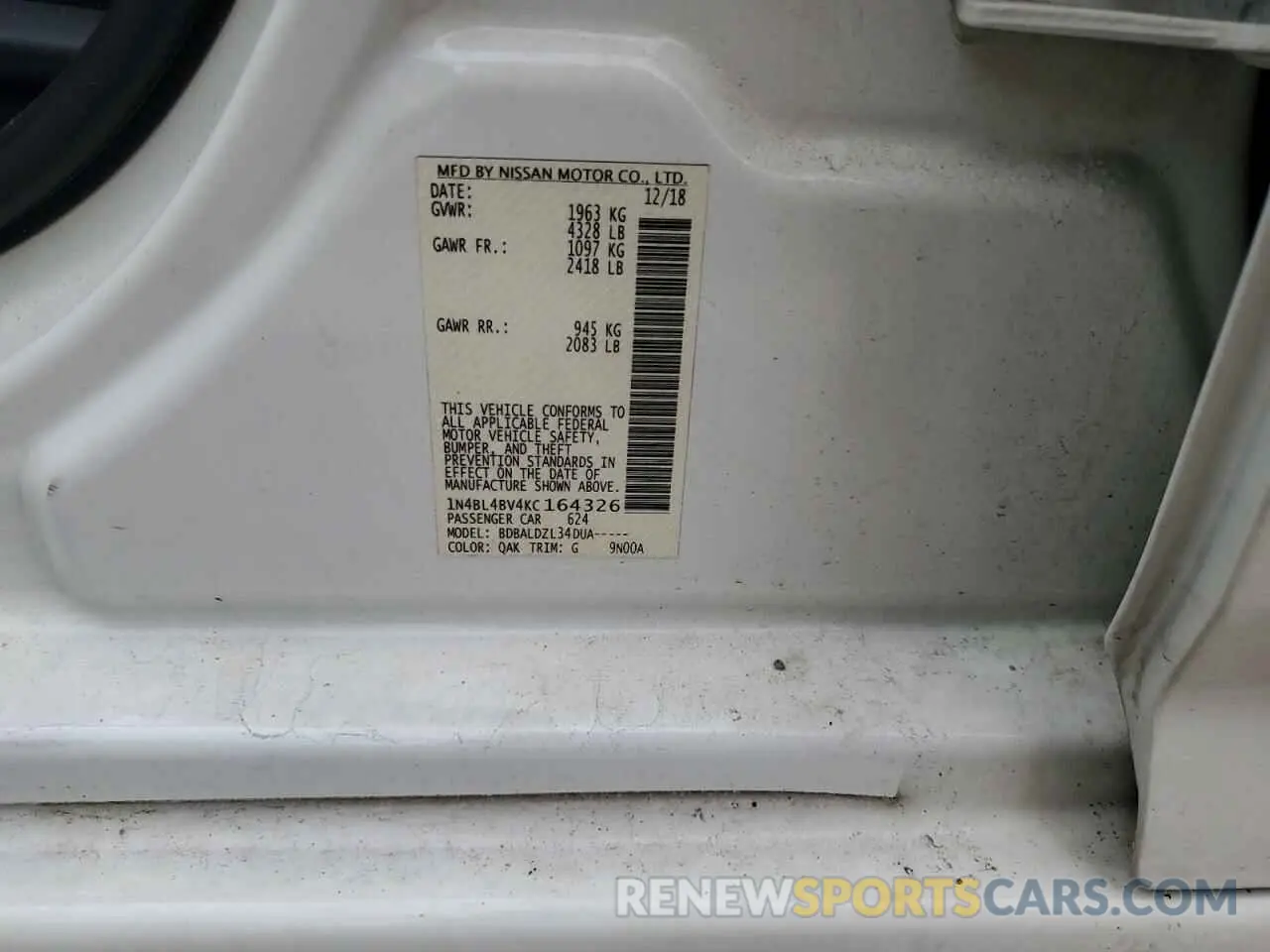 12 fotografías del automóvil dañado 1N4BL4BV4KC164326 NISSAN ALTIMA 2019