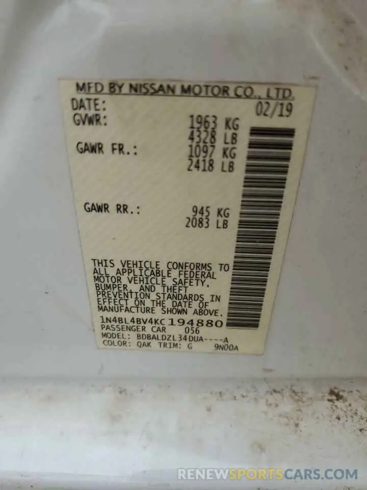 12 fotografías del automóvil dañado 1N4BL4BV4KC194880 NISSAN ALTIMA 2019