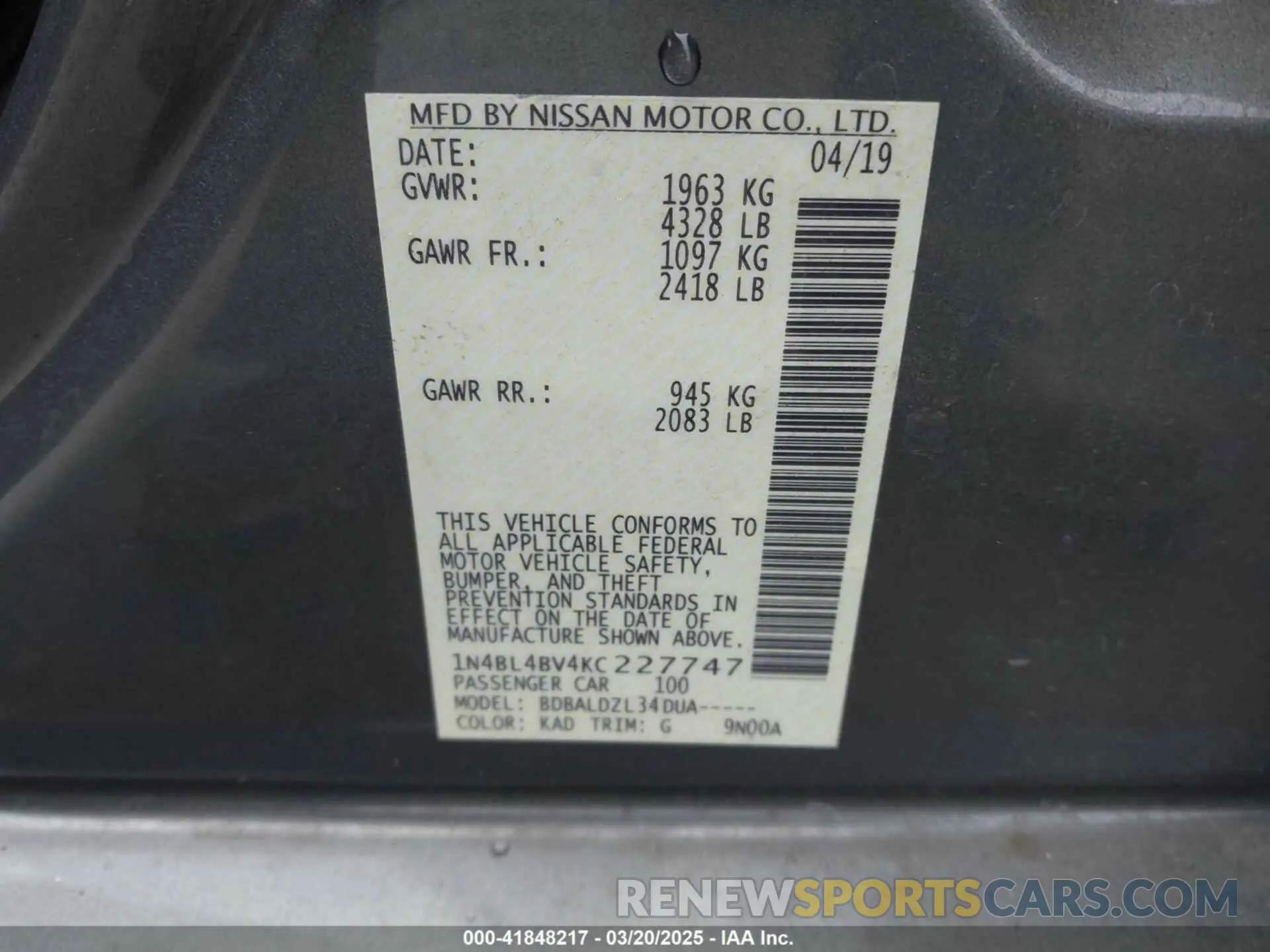 9 fotografías del automóvil dañado 1N4BL4BV4KC227747 NISSAN ALTIMA 2019