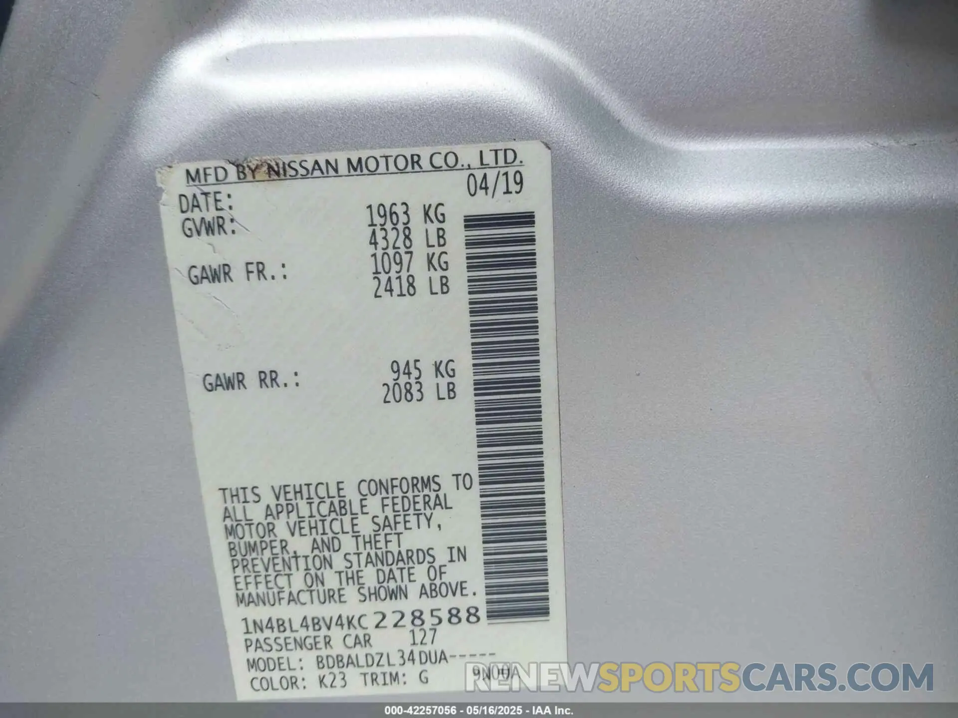 9 fotografías del automóvil dañado 1N4BL4BV4KC228588 NISSAN ALTIMA 2019