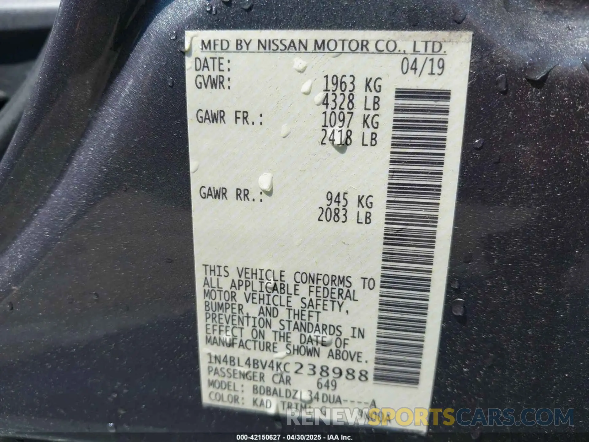 9 fotografías del automóvil dañado 1N4BL4BV4KC238988 NISSAN ALTIMA 2019