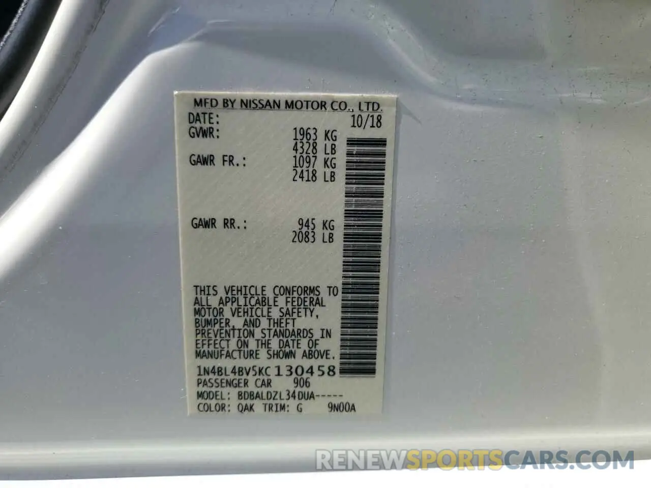12 fotografías del automóvil dañado 1N4BL4BV5KC130458 NISSAN ALTIMA 2019