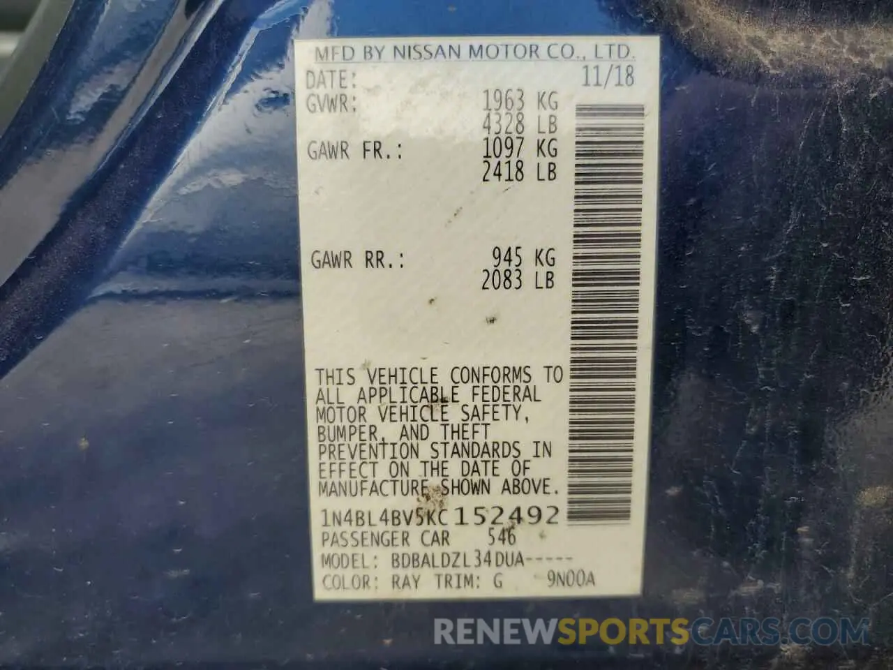 12 fotografías del automóvil dañado 1N4BL4BV5KC152492 NISSAN ALTIMA 2019