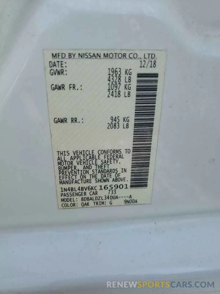 12 fotografías del automóvil dañado 1N4BL4BV6KC165901 NISSAN ALTIMA 2019