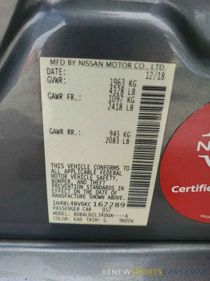 12 fotografías del automóvil dañado 1N4BL4BV6KC167289 NISSAN ALTIMA 2019