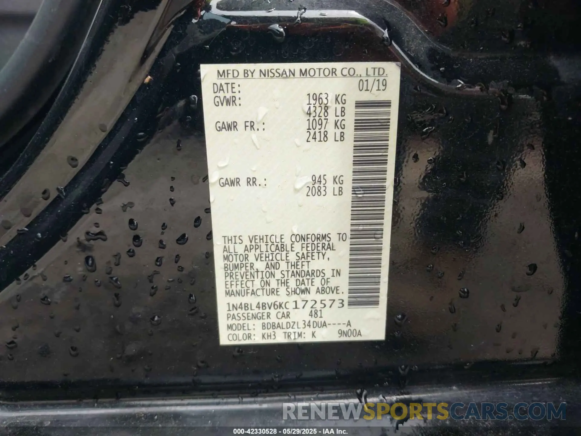 9 fotografías del automóvil dañado 1N4BL4BV6KC172573 NISSAN ALTIMA 2019