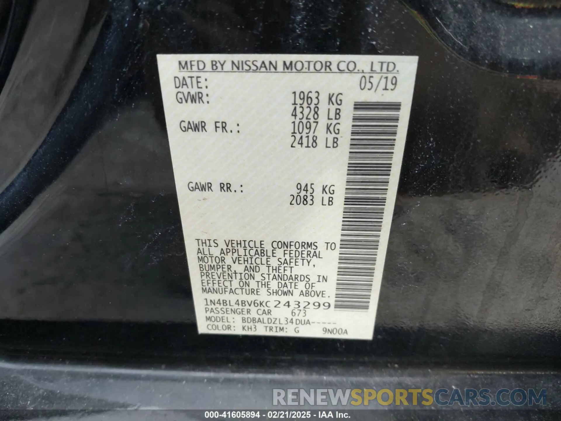 9 fotografías del automóvil dañado 1N4BL4BV6KC243299 NISSAN ALTIMA 2019