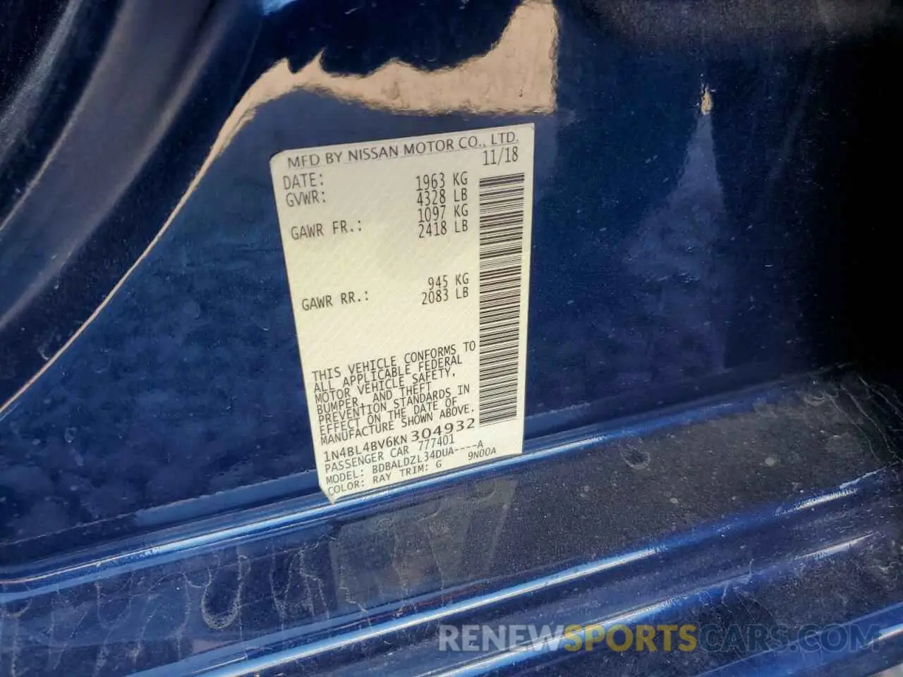 12 fotografías del automóvil dañado 1N4BL4BV6KN304932 NISSAN ALTIMA 2019