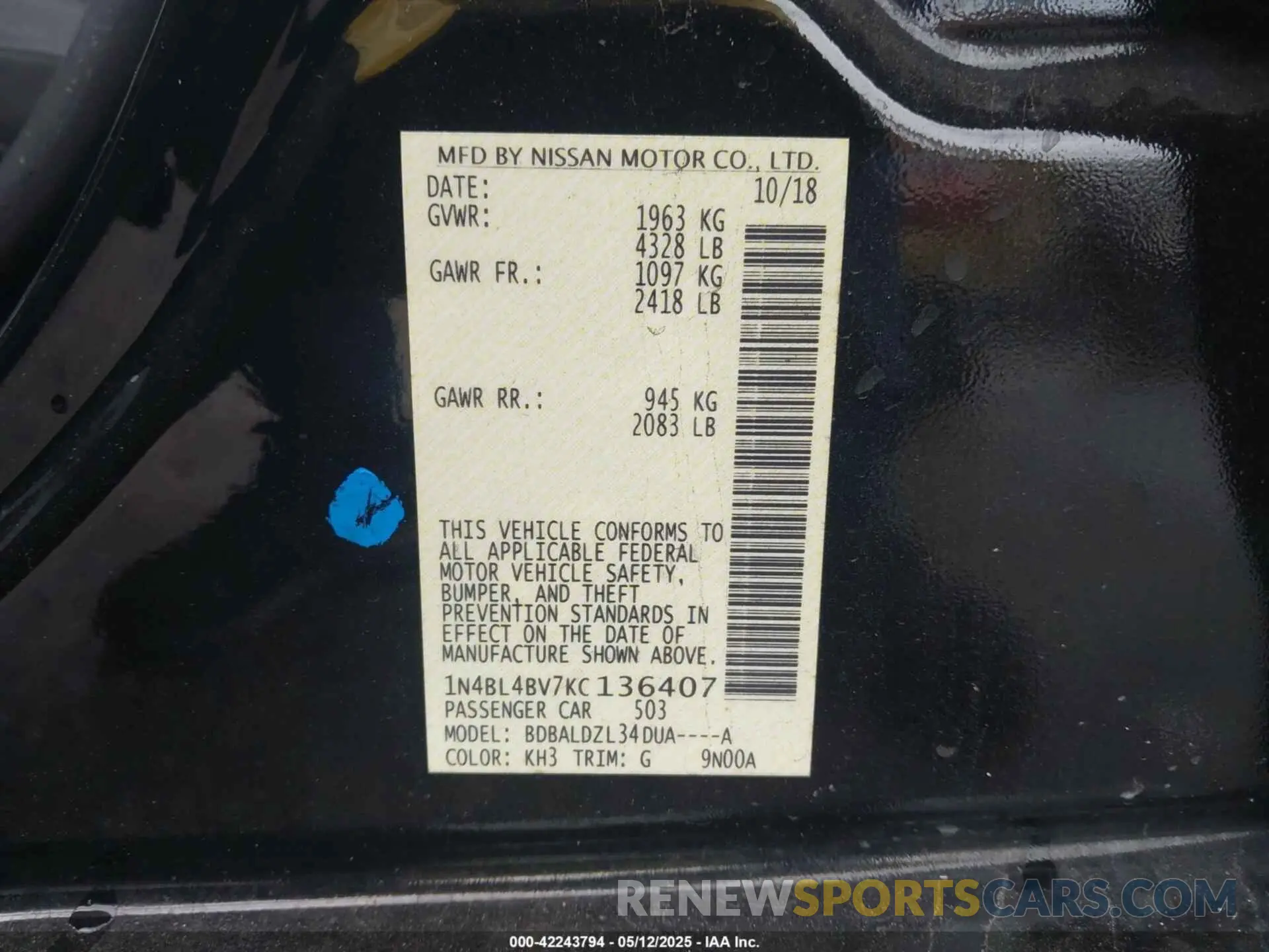 9 fotografías del automóvil dañado 1N4BL4BV7KC136407 NISSAN ALTIMA 2019