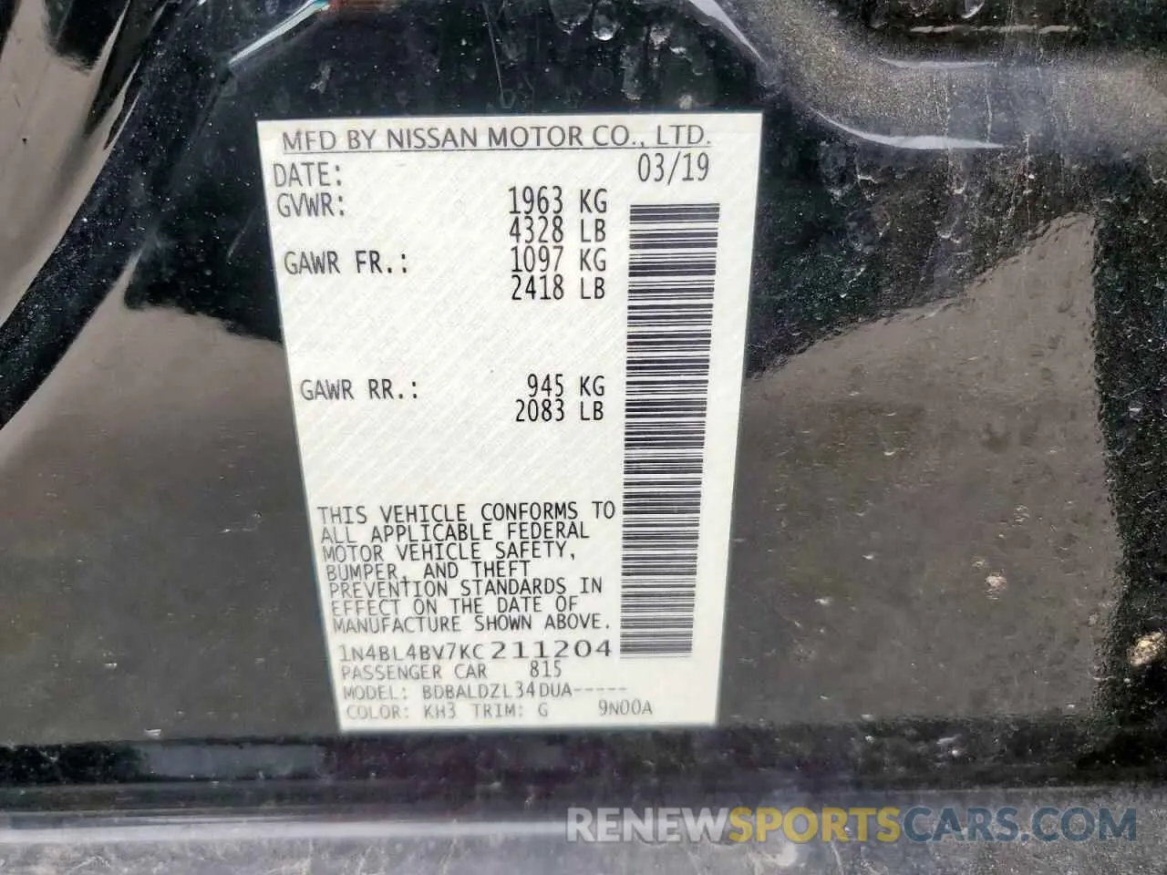 12 fotografías del automóvil dañado 1N4BL4BV7KC211204 NISSAN ALTIMA 2019