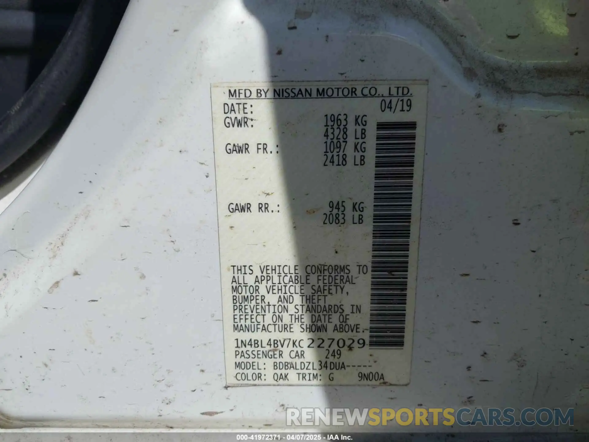 9 fotografías del automóvil dañado 1N4BL4BV7KC227029 NISSAN ALTIMA 2019