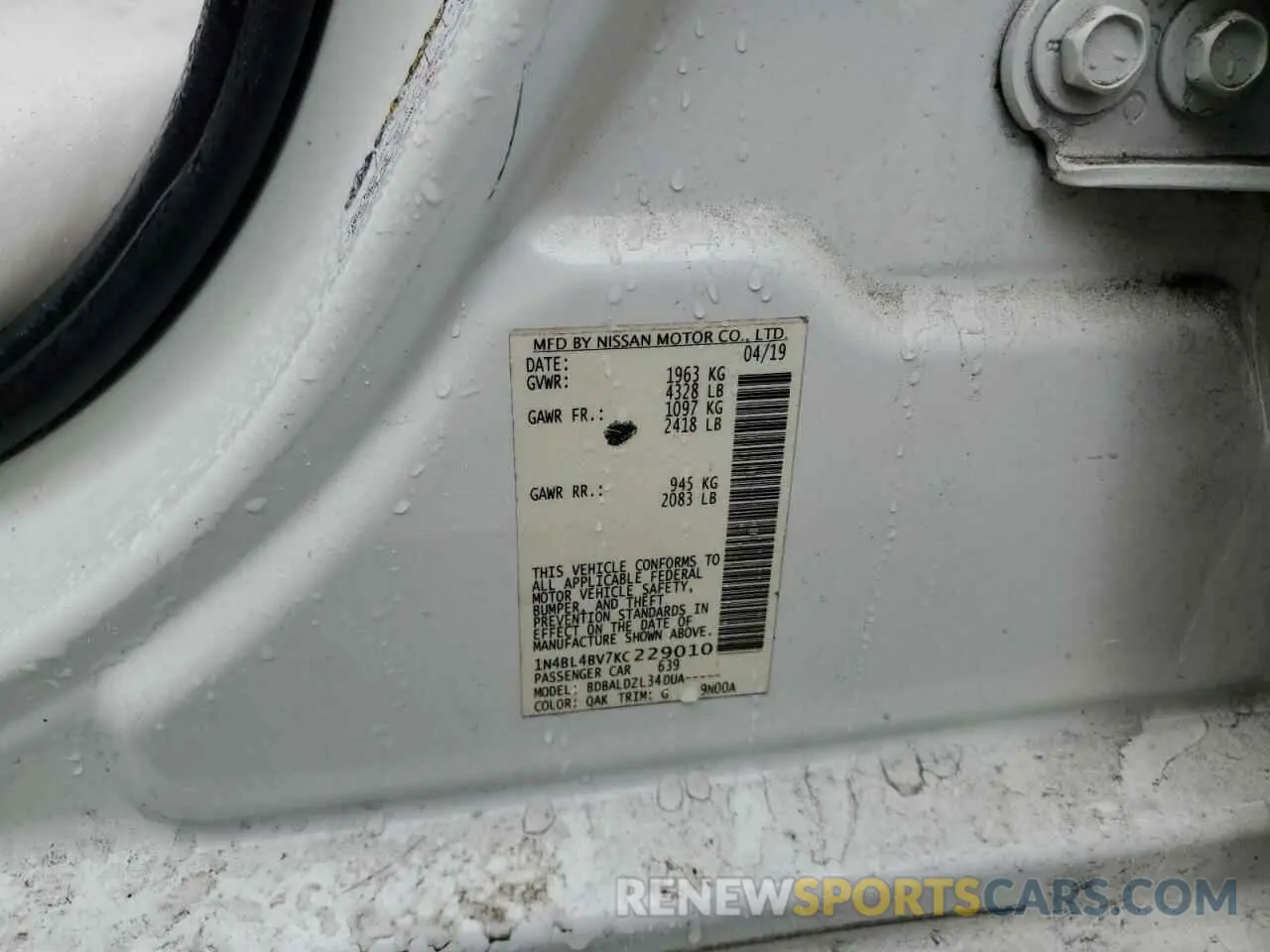 12 fotografías del automóvil dañado 1N4BL4BV7KC229010 NISSAN ALTIMA 2019