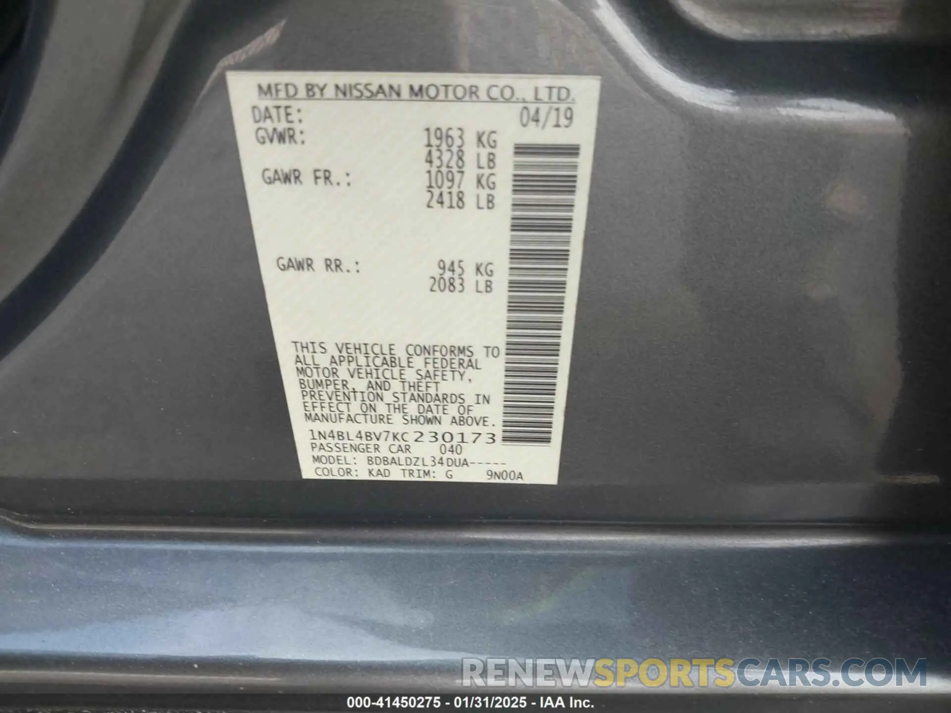 9 fotografías del automóvil dañado 1N4BL4BV7KC230173 NISSAN ALTIMA 2019