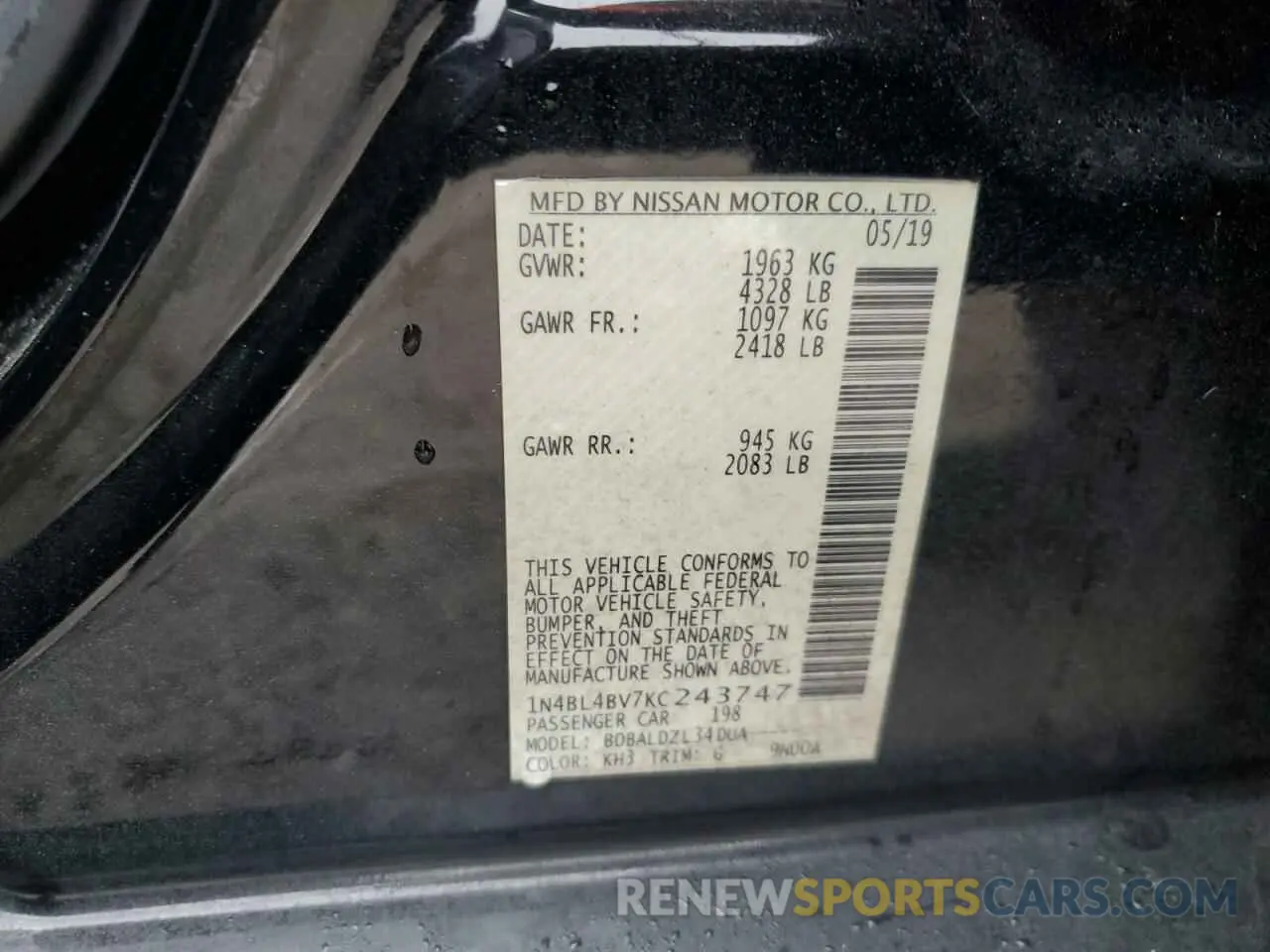 14 fotografías del automóvil dañado 1N4BL4BV7KC243747 NISSAN ALTIMA 2019