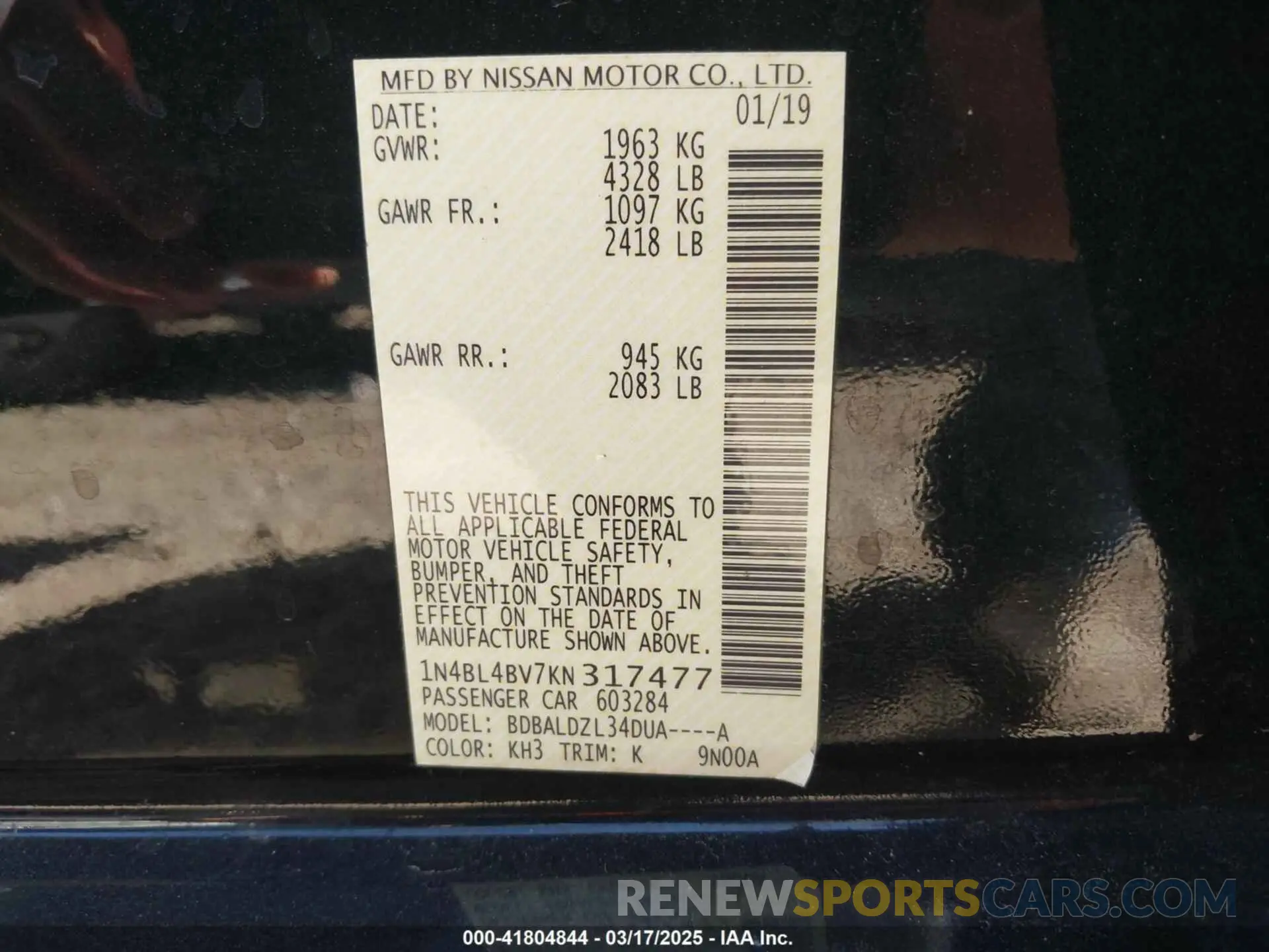 9 fotografías del automóvil dañado 1N4BL4BV7KN317477 NISSAN ALTIMA 2019