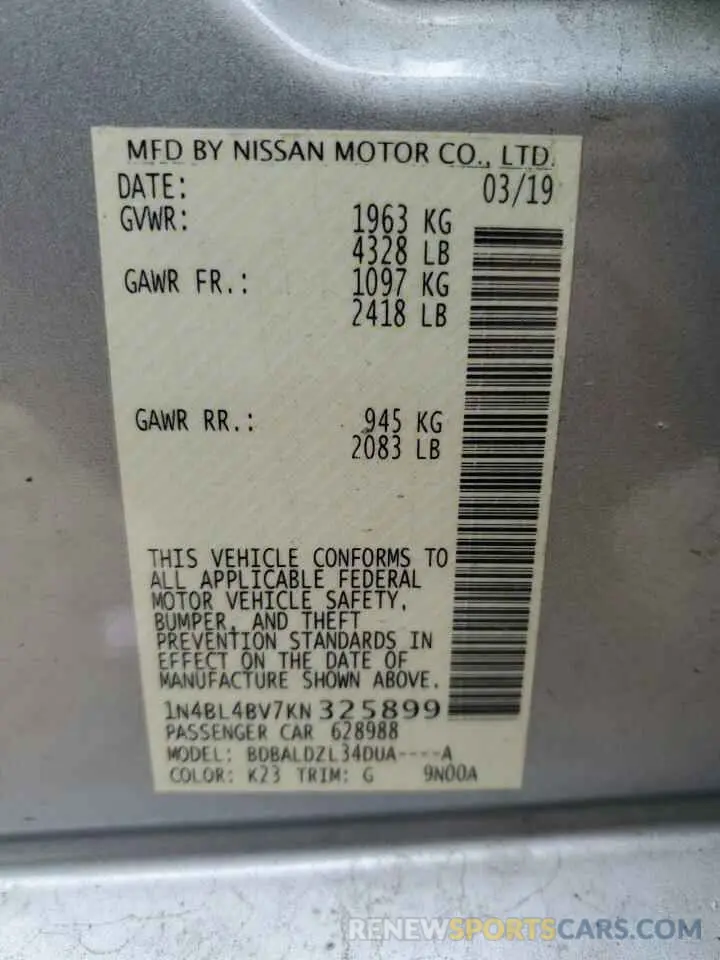 12 fotografías del automóvil dañado 1N4BL4BV7KN325899 NISSAN ALTIMA 2019