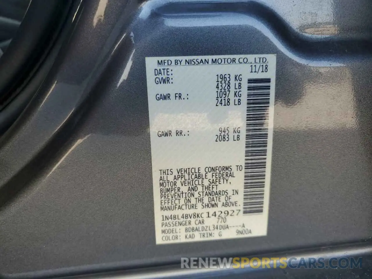 12 fotografías del automóvil dañado 1N4BL4BV8KC142927 NISSAN ALTIMA 2019