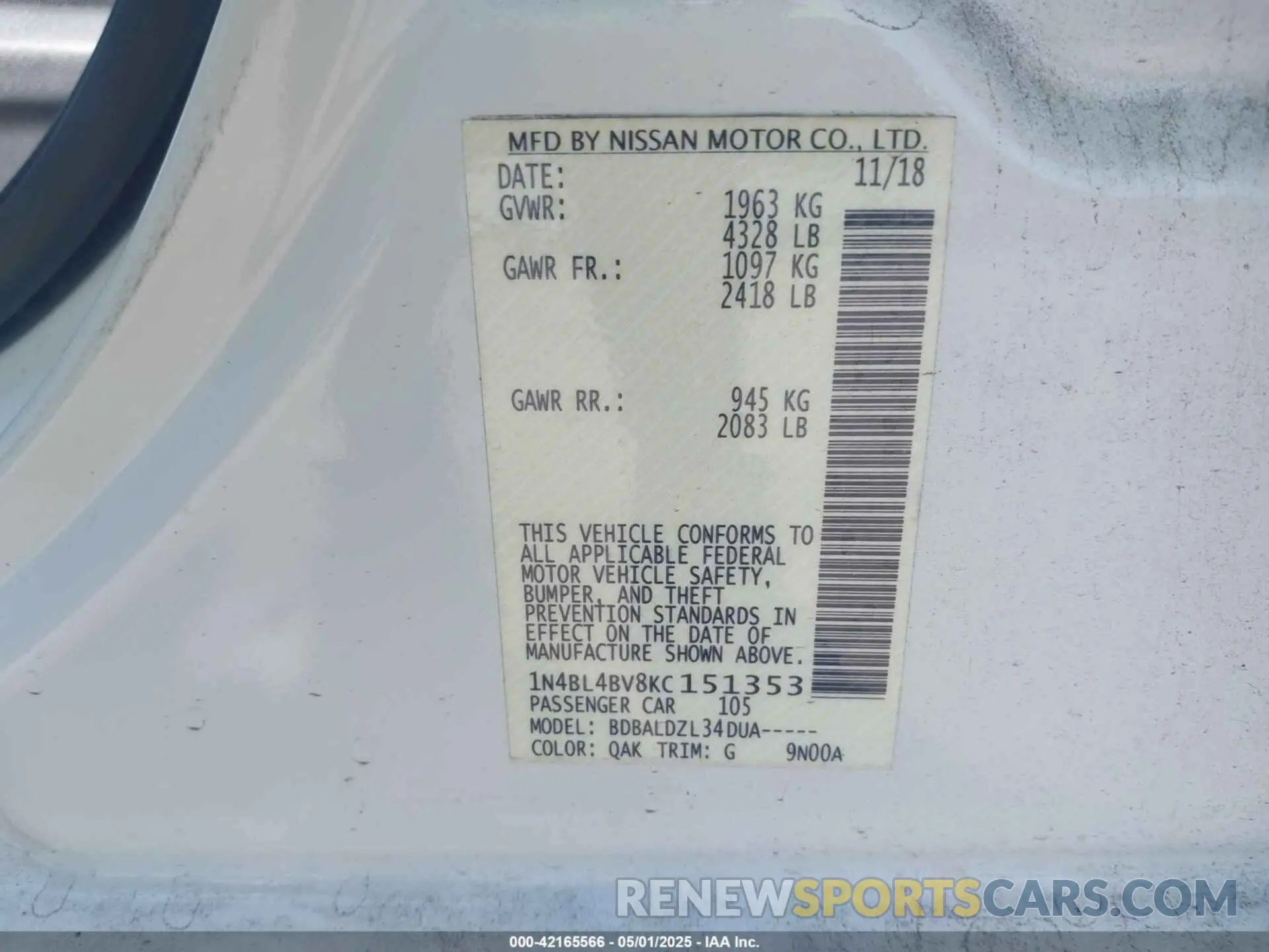 9 fotografías del automóvil dañado 1N4BL4BV8KC151353 NISSAN ALTIMA 2019
